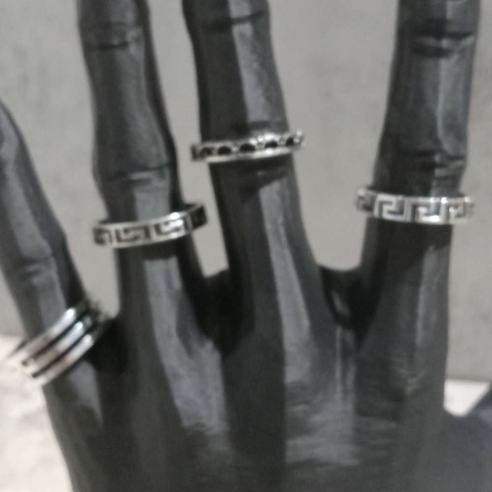 4 Silver Tone and Black Geometric Ring Set - Picture 2 of 3
